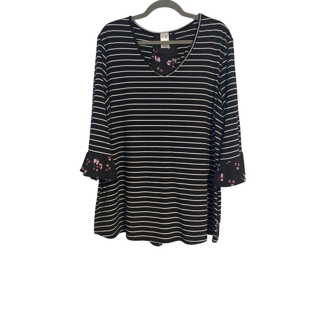 Terra & Sky Women 1X Black/White Striped Floral Top Tie Back Boho Dark Cottage
